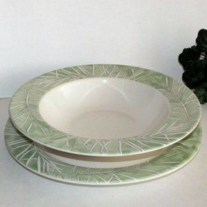 Pfaltzgraff 2 pcs Aspen Arborwood 11" Plate & Soup Bowl Green White Leaf Rim
